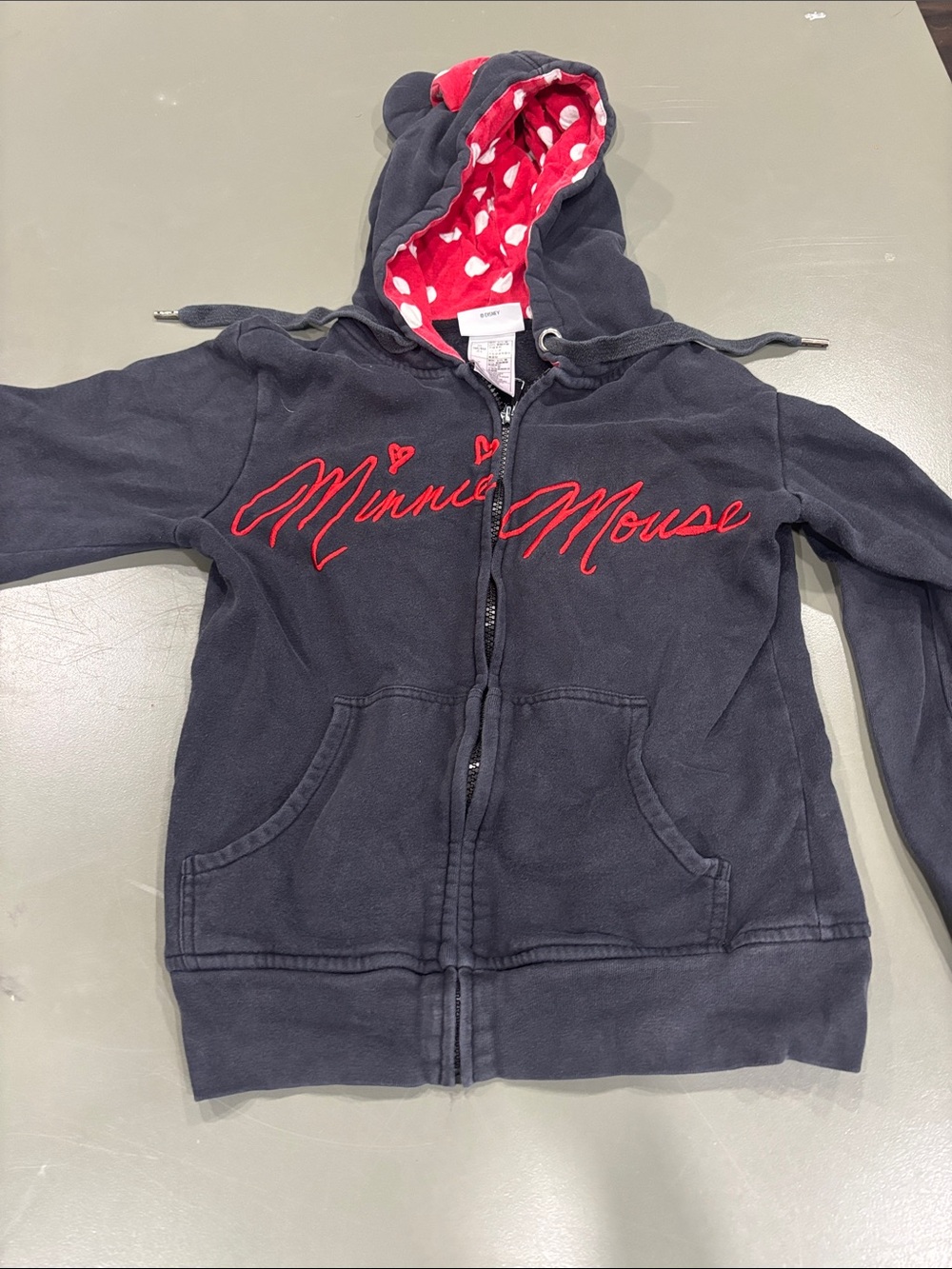 Disney Minnie Mouse Black Hoodie with Red Script and Polka Dot Hood